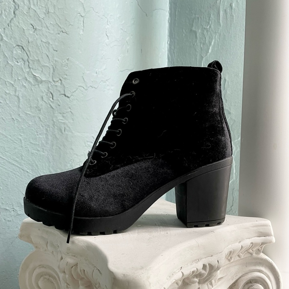 Velvet heeled lace-up booties - size 9. Brand unknown, barely worn!